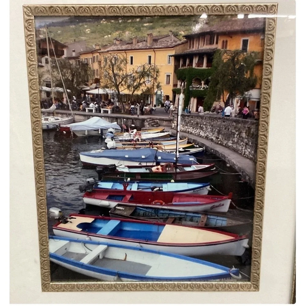 Framed Photograph Mediterranean Harbor Coastal Village Wall Art Silver Frame